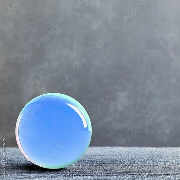 Fototapeta A glossy blue glass sphere sits on a textured surface against a mottled gray background. The sphere reflects light, creating highlights and a sense of depth.