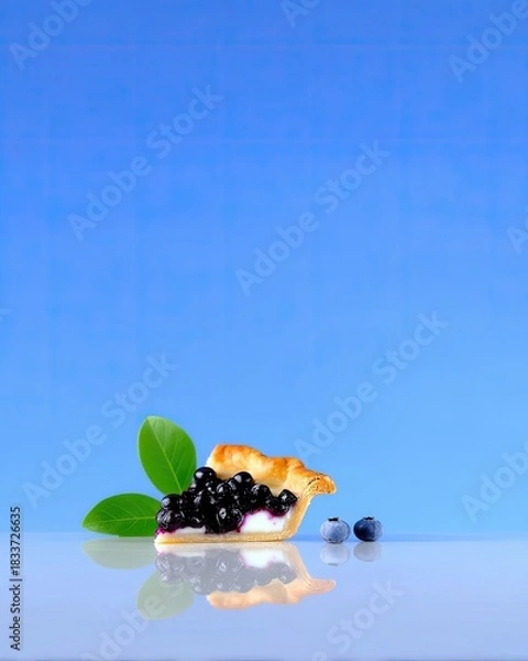 Fototapeta A slice of blueberry pie with fresh blueberries and green leaves, reflected on a shiny surface, against a bright blue background.