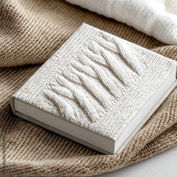 Fototapeta Close-up of a book with a knitted cover resting on a soft blanket, creating a cozy and warm atmosphere.
