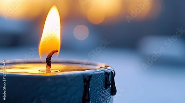 Fototapeta Close-up of a burning candle with a bright flame, wax dripping down the side, and a soft, blurred background.