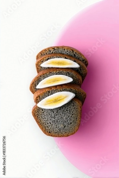 Fototapeta A stack of bread slices with banana slices on top, arranged on a pink and white background.