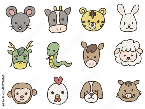 Obraz 干支の動物12匹セット（十二支）｜手書き・クレヨンタッチのかわいい年賀状・お正月素材