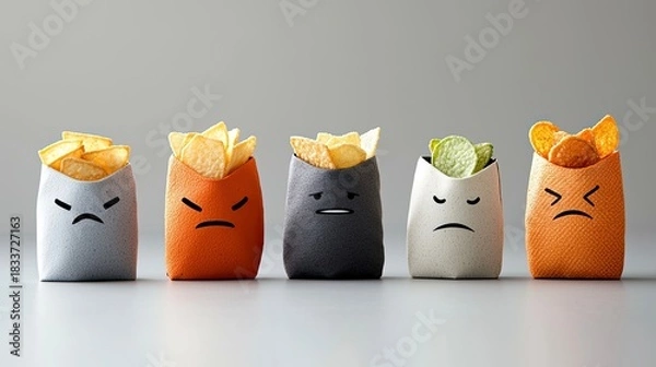 Fototapeta Five bags of chips with different expressions. Each bag has a drawn face expressing anger or sadness. The bags are on a neutral gray background.