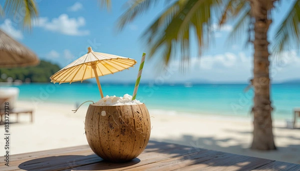 Fototapeta Escape to Paradise with this Refreshing Coconut Drink on a Tropical Beach Getaway, Featuring Turquoise Waters, White Sand, and Relaxing Ocean Views for Your Ultimate Vacation Vibes