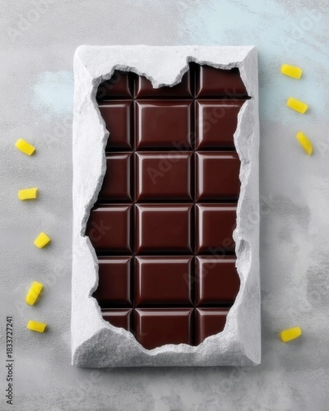 Fototapeta A dark chocolate bar is partially revealed from torn white paper, with scattered yellow candies on a textured gray background. Studio shot.