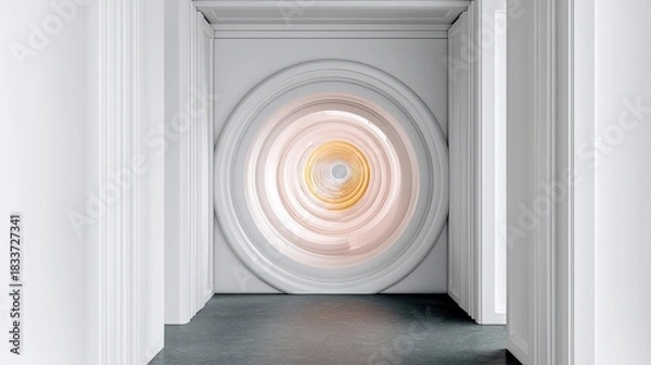 Fototapeta An abstract architectural design with a circular element in a white interior space. The image features a series of concentric circles and soft lighting, creatin
