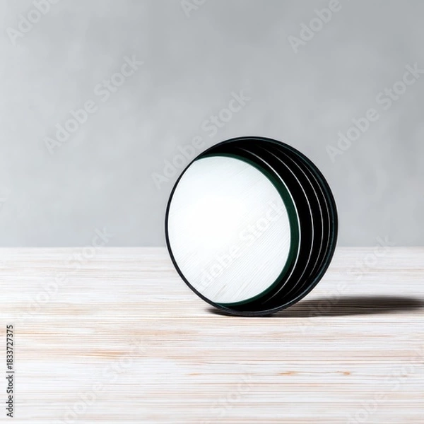 Fototapeta A circular object with black edges is resting on a wooden table, casting a shadow against a neutral gray background. The lighting is soft and even.