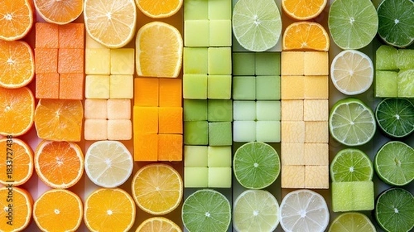 Fototapeta A top-down view showcases a colorful arrangement of citrus fruits, including oranges, lemons, and limes, cut into various shapes and arranged in a gradient.
