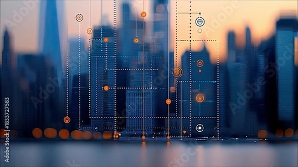 Fototapeta Abstract image of a cityscape with digital overlay, data points, and lines. The image is set at sunset, with a blurred background.