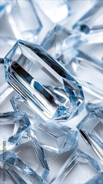 Fototapeta Close-up of clear crystal fragments with a blue tint, scattered on a white background. The image highlights the sharp edges and facets of the crystals.