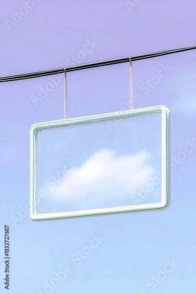 Fototapeta A rectangular clear sign is hanging from a wire with a cloud inside it against a gradient blue sky.