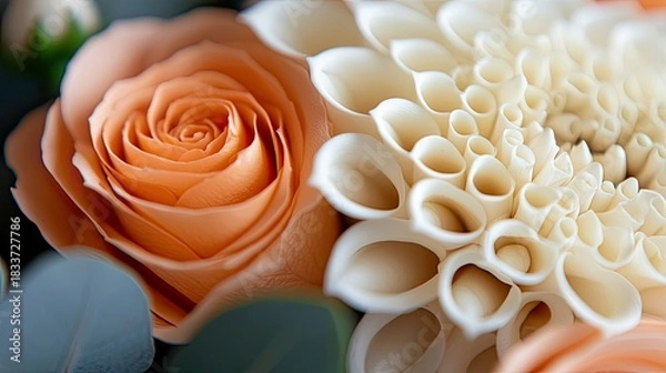 Fototapeta Close-up of a beautiful floral arrangement featuring a peach rose and a white dahlia, with soft lighting.