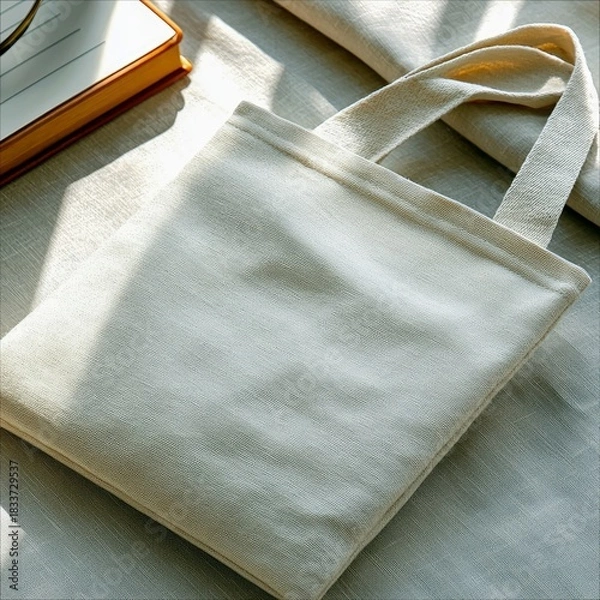Fototapeta A close-up shot of a canvas tote bag resting on a table, next to a book. The scene is lit by natural light.