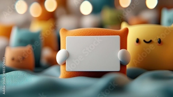 Fototapeta A cute cartoon character is holding a blank card, surrounded by other cartoon characters in a playful and colorful setting.