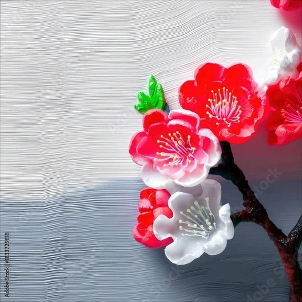 Fototapeta Close-up of vibrant red and white cherry blossoms on a branch, set against a textured white and gray background. The image evokes a sense of spring and natural
