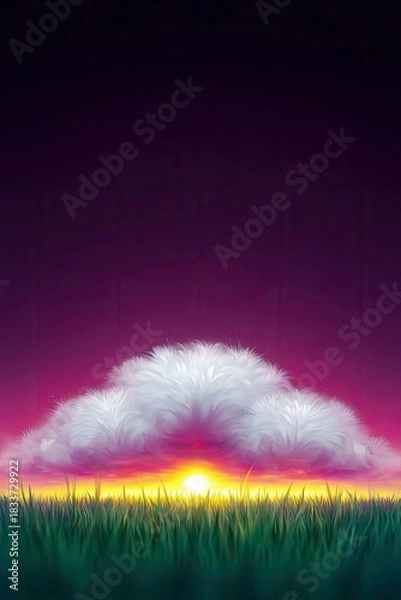 Fototapeta A stylized illustration of a sunset with a cloud formation over a field of grass. The sky is a gradient of colors, and the overall mood is peaceful and serene.