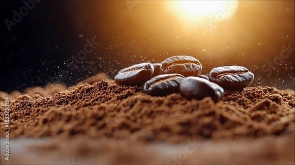 Fototapeta Close-up of coffee beans resting on a bed of ground coffee, with a bright light source and bokeh effect in the background.