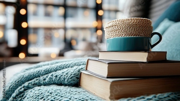 Fototapeta A teal coffee cup with a woven lid rests on a stack of books on a blue blanket. The scene is indoors by a window with bokeh lights, creating a cozy atmosphere.