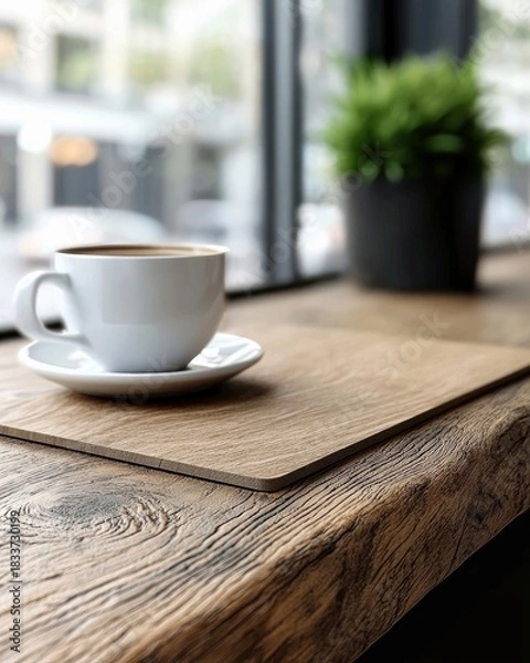 Fototapeta A white coffee cup and saucer sit on a wooden table near a window, with a plant in the background. The scene is lit by natural light.