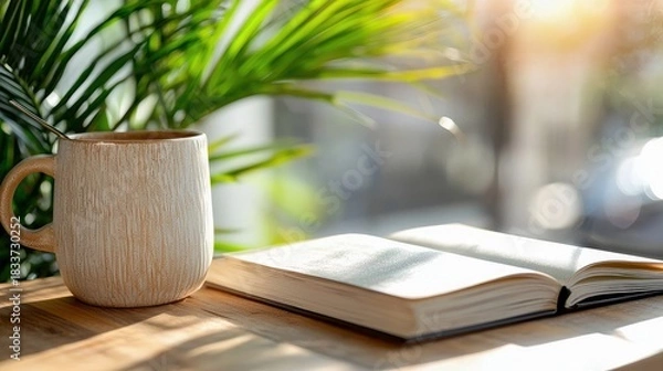 Fototapeta A coffee mug with a spoon, and an open book are on a wooden table near a window. Sunlight streams through the window, creating a warm and inviting atmosphere.