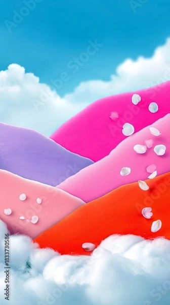Fototapeta An abstract, colorful landscape with rolling hills in shades of pink, purple, and orange, with white petals falling against a blue sky with fluffy clouds. The s