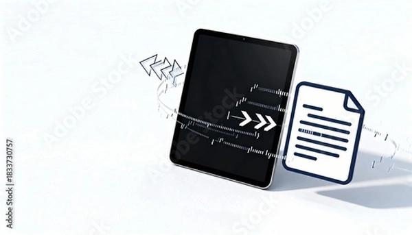 Fototapeta 3D Render of Geometric Arrows Transforming Into Code Lines Next to a Generic Document on a Tablet in Smooth Motion