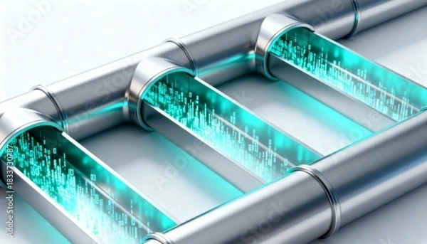 Fototapeta 3D Render of Clean Interconnected Geometric Pipes Flowing Data Particles in a Modern Design