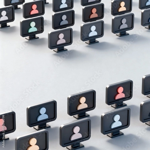 Fototapeta 3D Render of Multiple Small Geometric Icons Connected in a Grid Structure on a Screen Background