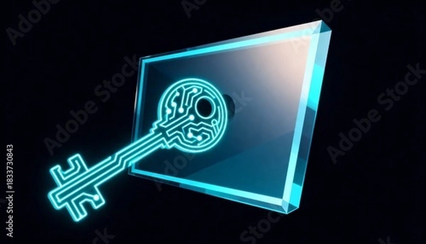 Fototapeta Stylized Glowing Key with Circuit Lines Unlocking a Geometric Shape Illustration in Vector Design