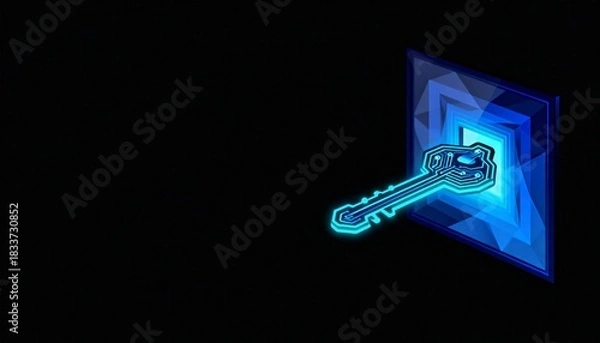 Fototapeta Stylized Illustration of a Key Unlocking a Geometric Shape with Glowing Circuit Lines in a Dark Background