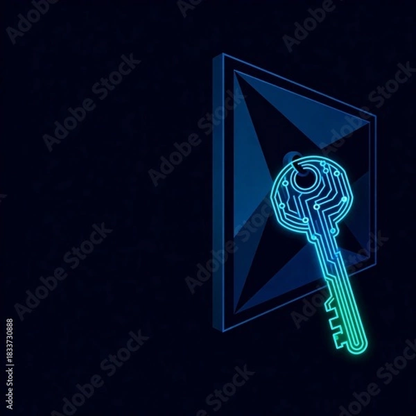 Fototapeta Stylized Vector Illustration of a Glowing Key Unlocking a Geometric Circuit Design with Lines
