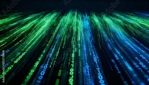 Fototapeta Dynamic Streams of Falling Data Elements in Vibrant Blue and Green Colors on Dark Background