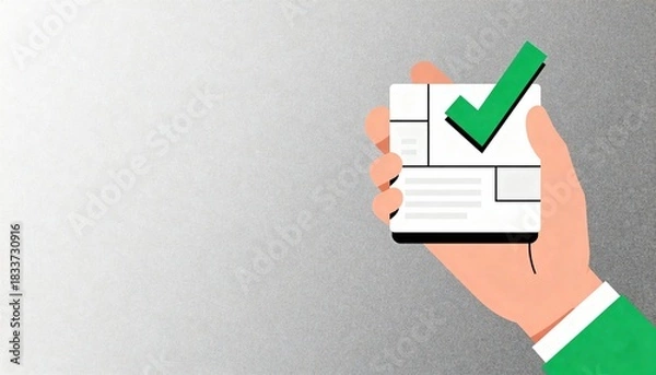 Fototapeta Stylized Geometric Illustration of a Hand Holding a Clean Data Block with a Green Check Mark