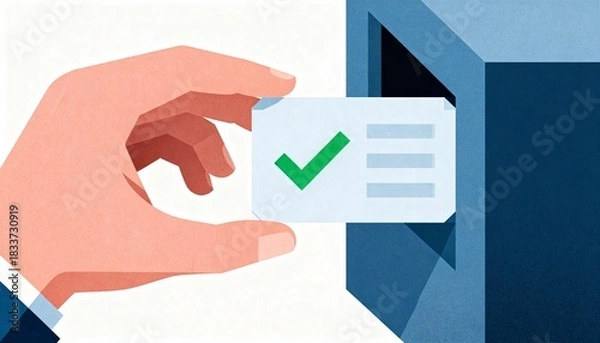 Fototapeta Hand Holding Clean Geometric Data Block with Green Checkmark in a Stylized Illustration