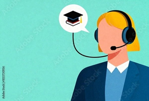 Fototapeta Stylized Person Wearing Headset Engaged in Educational Activity with Floating Elements Representing Learning