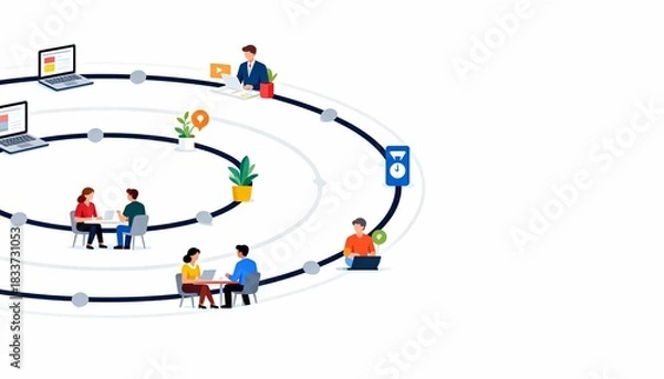 Fototapeta Stylized Vector Illustration of Circular Timeline with Icons Representing Work Activities and Collaboration