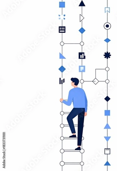 Fototapeta Stylized Illustration of a Person Climbing a Ladder Surrounded by Abstract Geometric Shapes in a Clean Vector Design