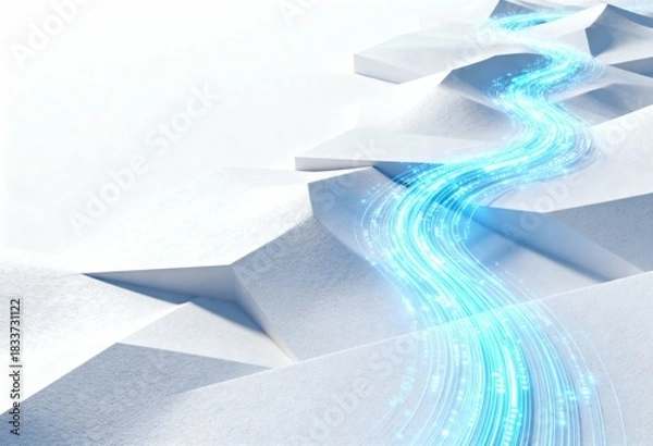 Fototapeta Flowing Data Stream Over Clean Geometric Landscape with Light Trails and Abstract Background for Digital Concepts