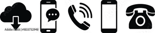Fototapeta Communication icon set, cloud download, smartphone chat, phone call, rotary telephone, technology symbols, vector, isolated, stock design