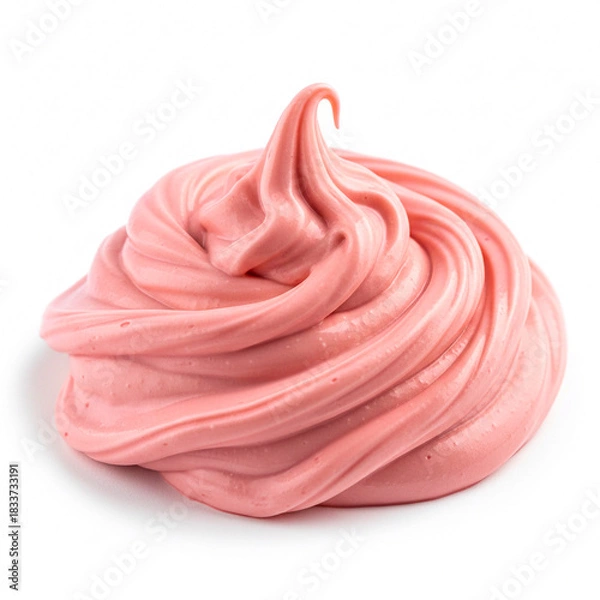 Fototapeta Close up of pink cosmetic cream or strawberry meringue swirl isolated on white background. Smooth soft texture of berry yogurt or beauty lotion sample.
