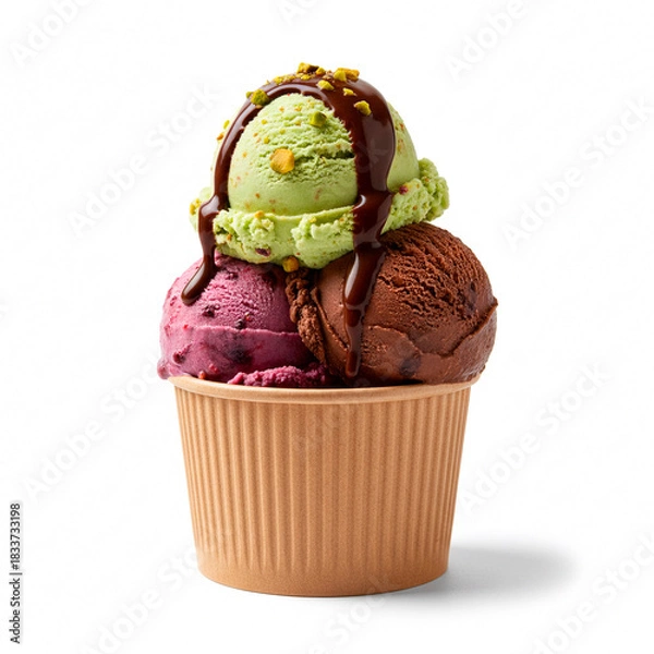 Fototapeta Three scoops of pistachio chocolate and berry ice cream in paper cup with topping isolated on white background. Mixed dairy dessert with nuts and sauce.