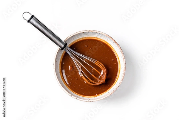 Fototapeta Top view of melted chocolate or cocoa batter in ceramic bowl with metal whisk isolated on white background. Process of preparing sweet baking cream or sauce.
