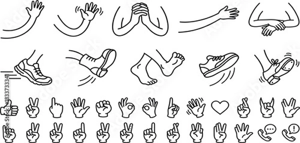 Fototapeta Gesture and movement icon set, stylized hand, arm, and foot symbols for UI design, education, and communication themes