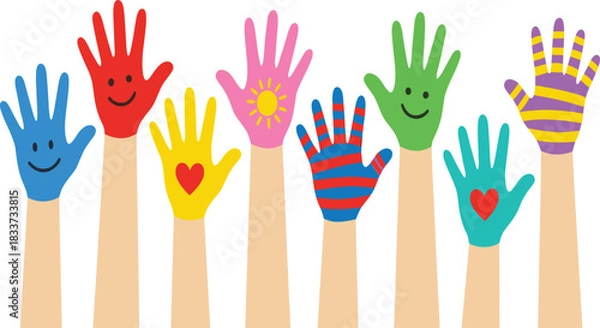 Fototapeta Raised hands diversity icon set, stylized colorful symbols for education, inclusion campaigns, and children’s activity design themes