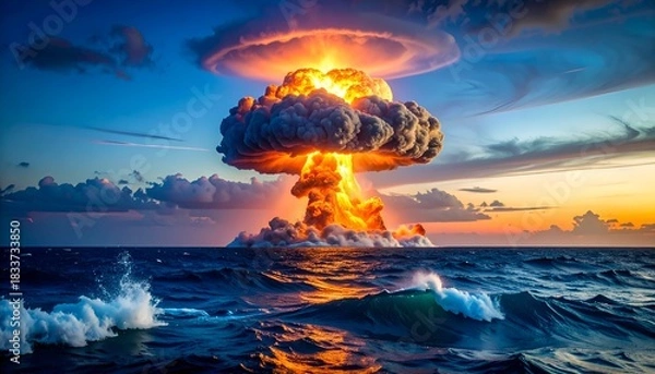 Fototapeta Explosion over ocean with towering mushroom cloud, sunset, and water