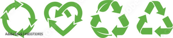 Fototapeta Recycling symbol set, green icons, eco design, heart loop, leaf triangle, sustainability concept, vector, isolated, environmental, stock
