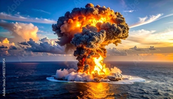 Fototapeta Enormous explosion erupts from ocean; bright orange flames, billowing smoke, sunset sky