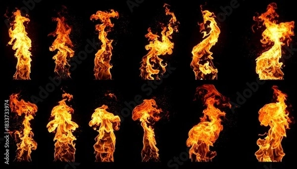 Fototapeta Eleven separate flame bursts in varying shapes, against a stark black background