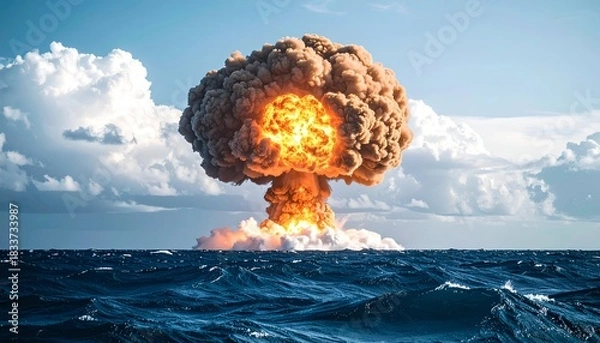 Fototapeta Enormous mushroom cloud erupts over ocean, a terrifying display of raw power