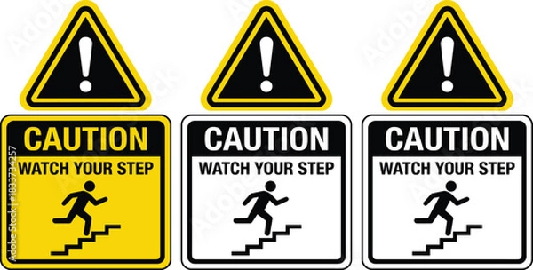 Fototapeta Watch your step caution icon set, stylized safety signage symbols for workplace hazards and public facility design themes
